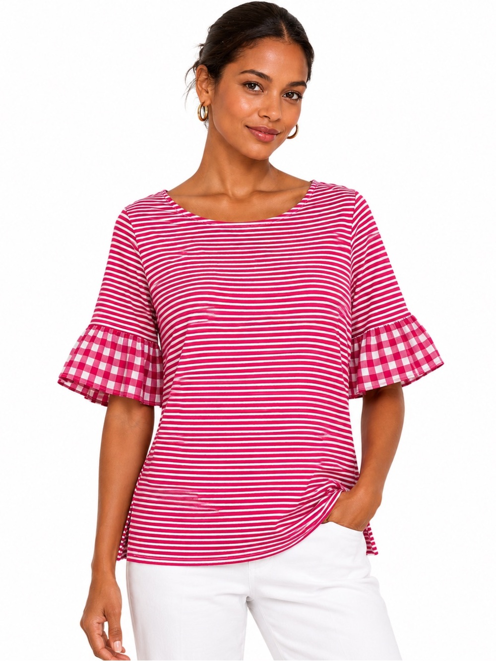 COTTON Pinstripe and Plaid Fluttersleeve Top Vacation Resortwear